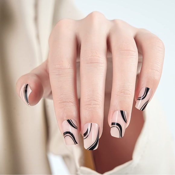 24 Glossy False Nails w/Glue Full Cover Acrylic Press On Nails Black French Line - Picture 2 of 8